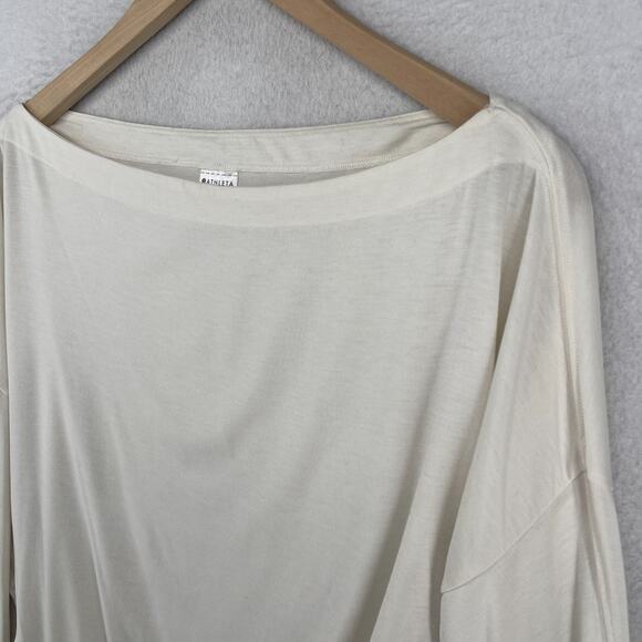 ATHLETA Top M Oversized Cropped Boat Neck Long Sleeve Cinched Off White - Picture 2 of 12
